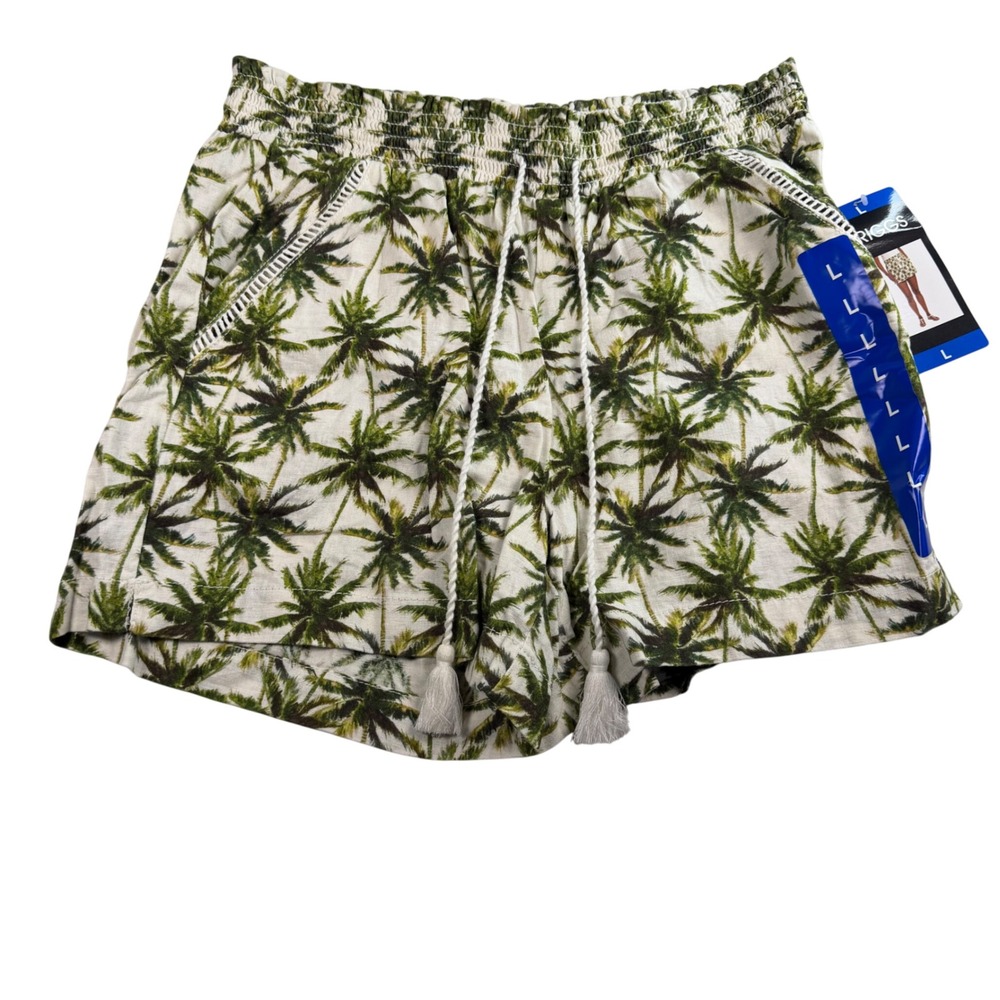 Briggs Womens Large Palm Tree Print Smocked Waist Tassel Pull On Shorts NWT